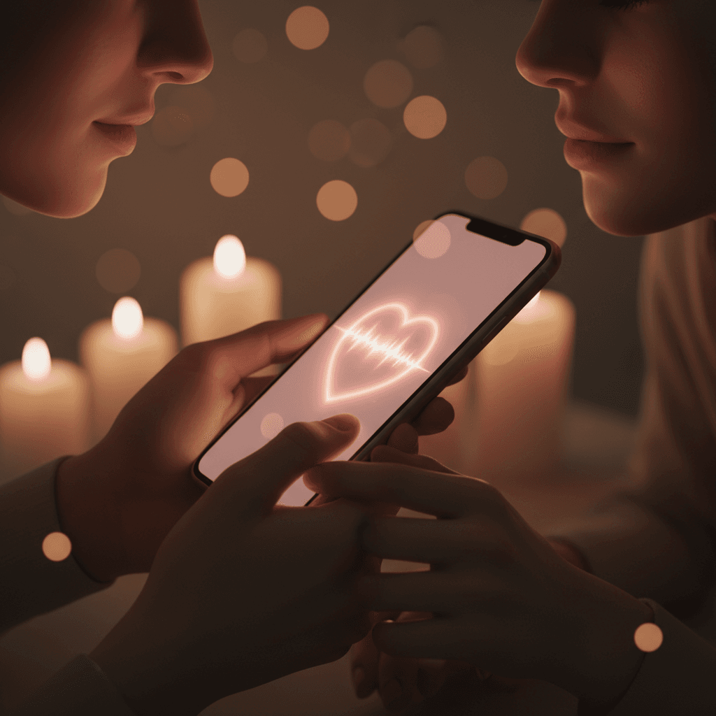 Close-up of couple's hands holding smartphone displaying glowing heart animation in candlelit room