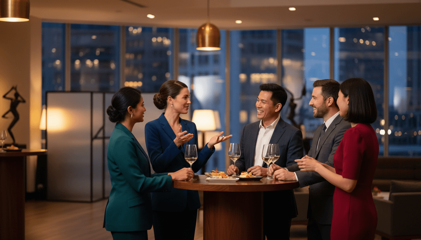 Elegant networking event with diverse professional singles in warm lighting