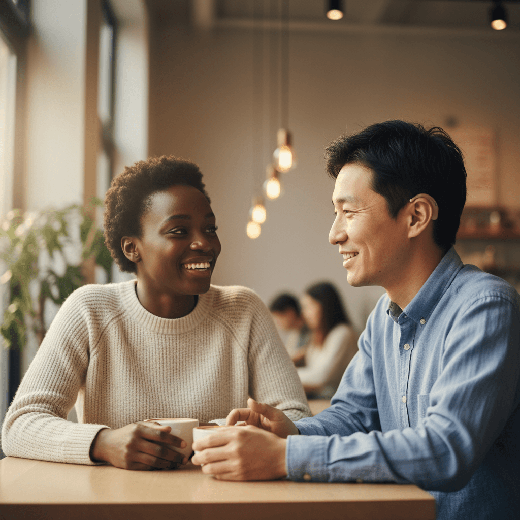 Compatible couple meeting at cafe