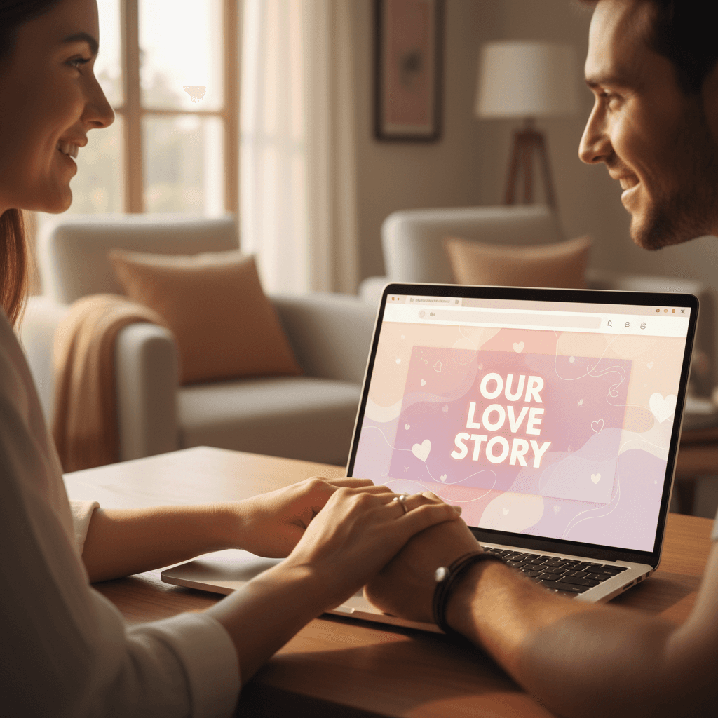 Couple's hands intertwined viewing romantic website on laptop, soft natural lighting in cozy home setting